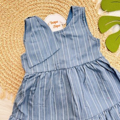 Vestido em Linho Listrado com Laço no Ombro - Azul Jeans